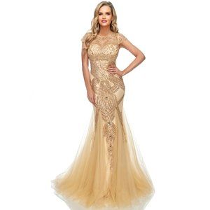 Lucci Lu 95166 Beaded Cap Sleeve Evening Gown